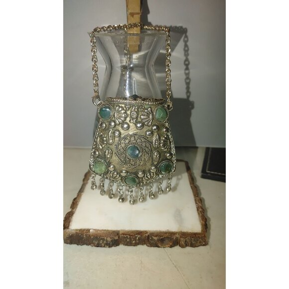 Sajai Gemstone Coin Purse Ethnic Silver Pendant Necklace Green Gemstones Bohemia - Picture 12 of 16